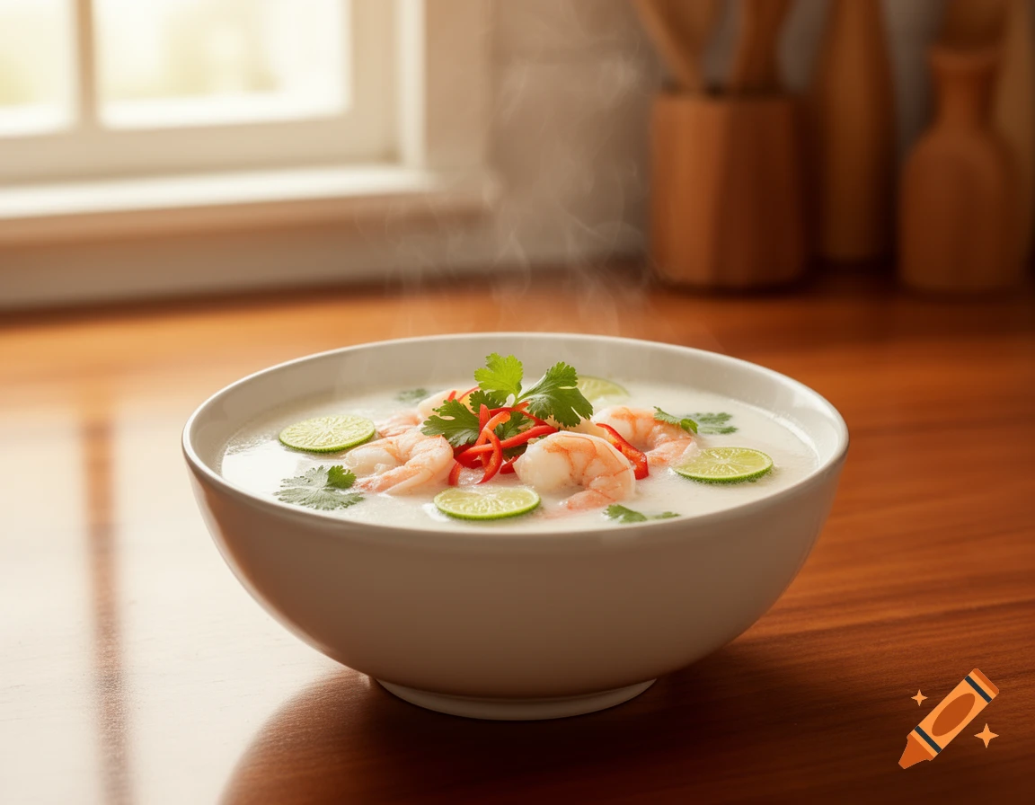 Steaming bowl of coconut soup with shrimp, lime slices, and cilantro on a wooden counter.