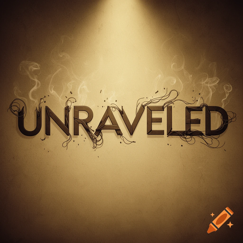 Stylized 3D text 'UNRAVELED' on a dark brown wall, with wires and smoke wisps, under a spotlight.