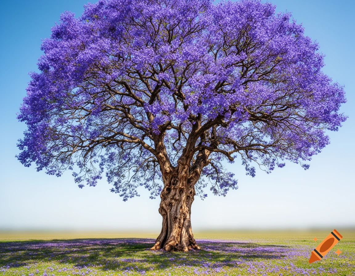 A large jacaranda tree with vibrant purple blossoms stands in a green field under a clear blue sky, with fallen petals on the grass.