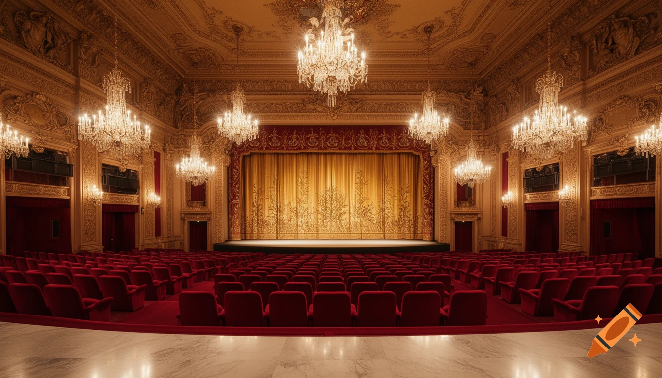 A grand, luxurious theater with ornate gold ceilings, crystal chandeliers, red velvet seats, and a golden stage curtain.