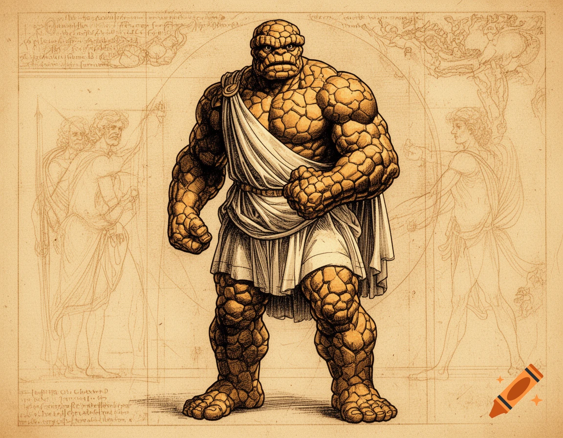 Marvel's The Thing in a white toga, standing against a sepia-toned background resembling a Leonardo da Vinci sketch with diagrams and illegible text.