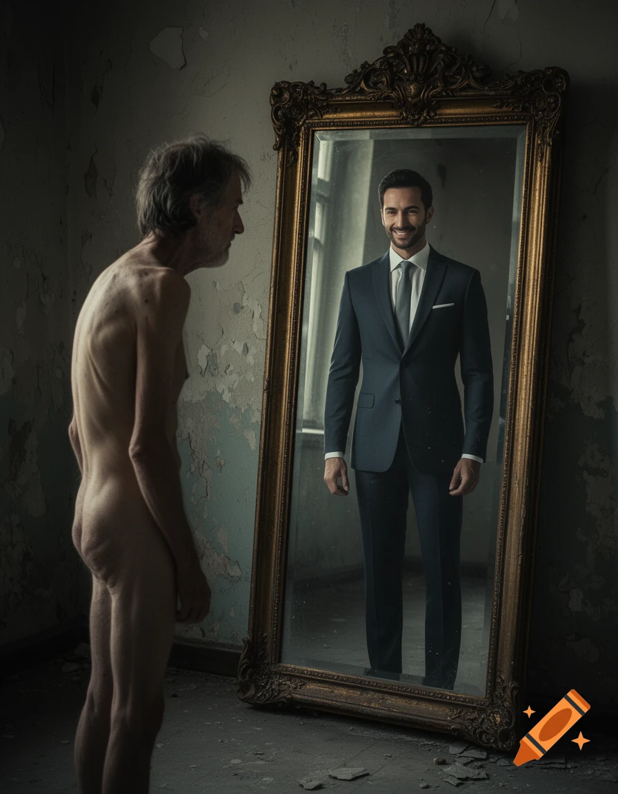 Naked, emaciated man looking into an ornate mirror, seeing a reflection of himself as a smiling, well-dressed businessman in a decaying room.