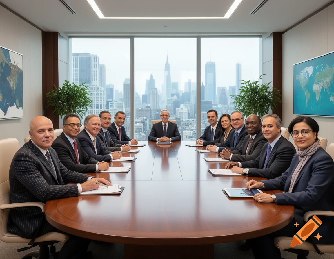 Diverse group of business executives in suits sitting around a large conference table in a modern high-rise office with a city skyline view.