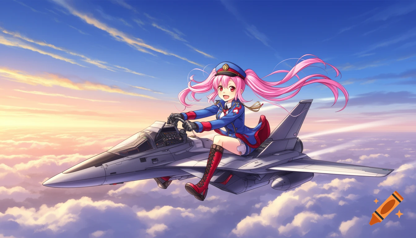 Anime girl with pink hair, Kasane Teto, joyfully flying a fighter jet above sunset clouds.