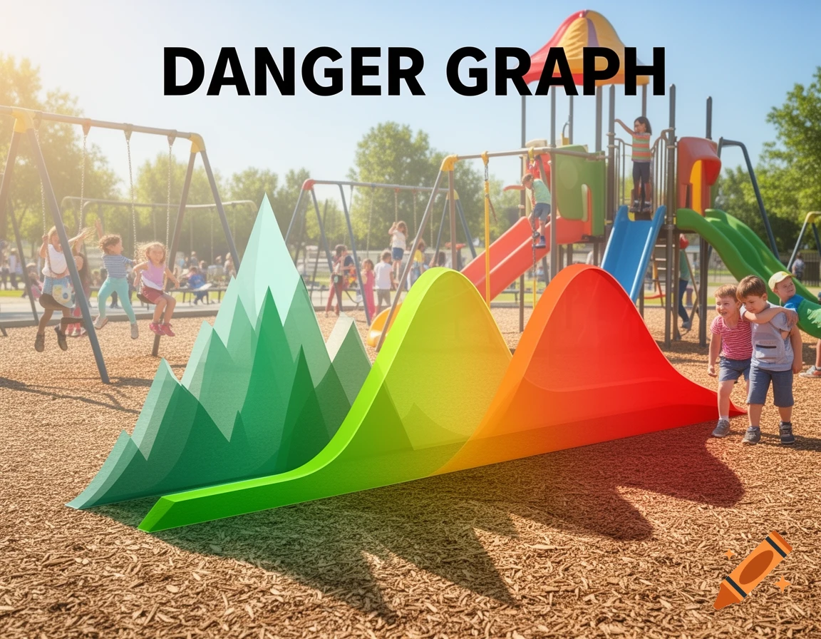 Photorealistic image of children playing on a sunny playground, with a colorful, mountainous 'DANGER GRAPH' superimposed over the scene.