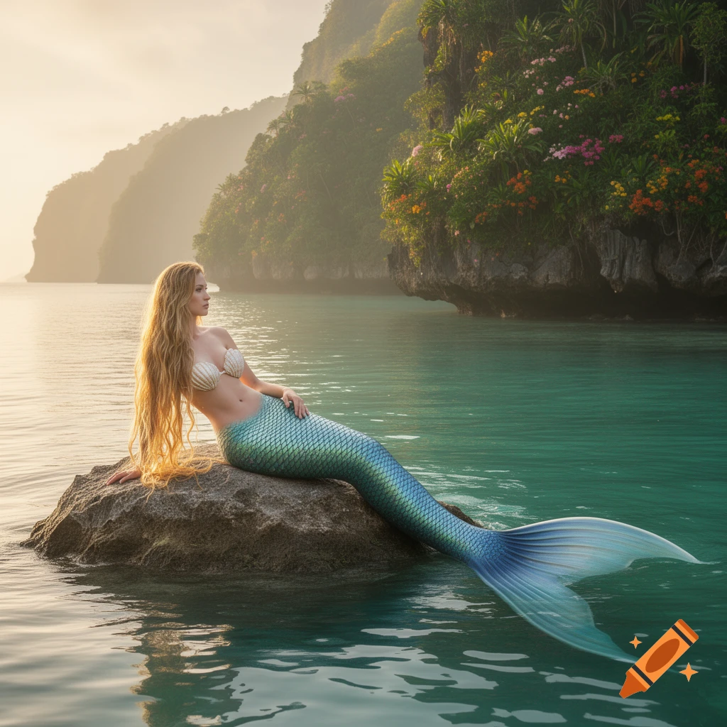 A beautiful mermaid with a teal tail and long blonde hair rests on a rock in a tropical bay with mountains.