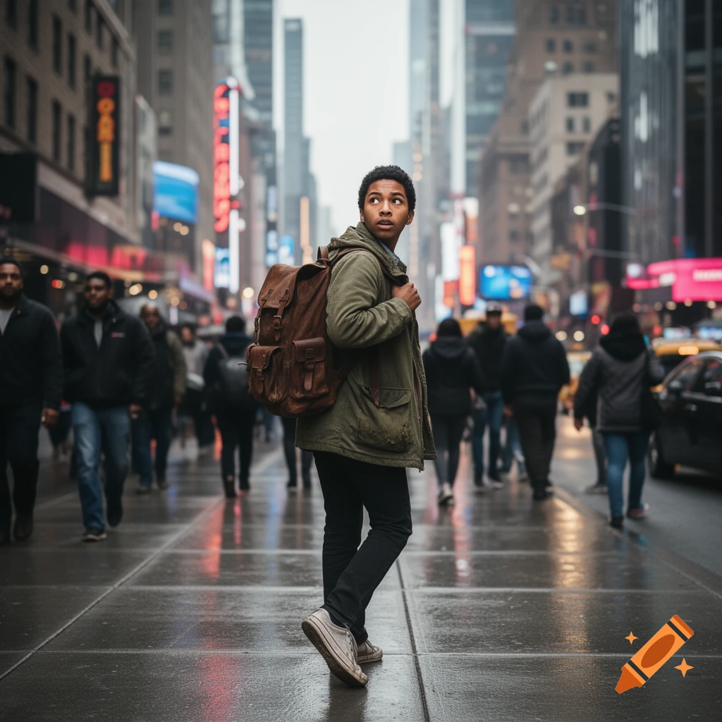 Young man with a brown backpack walks on a wet city street, looking back over his shoulder.