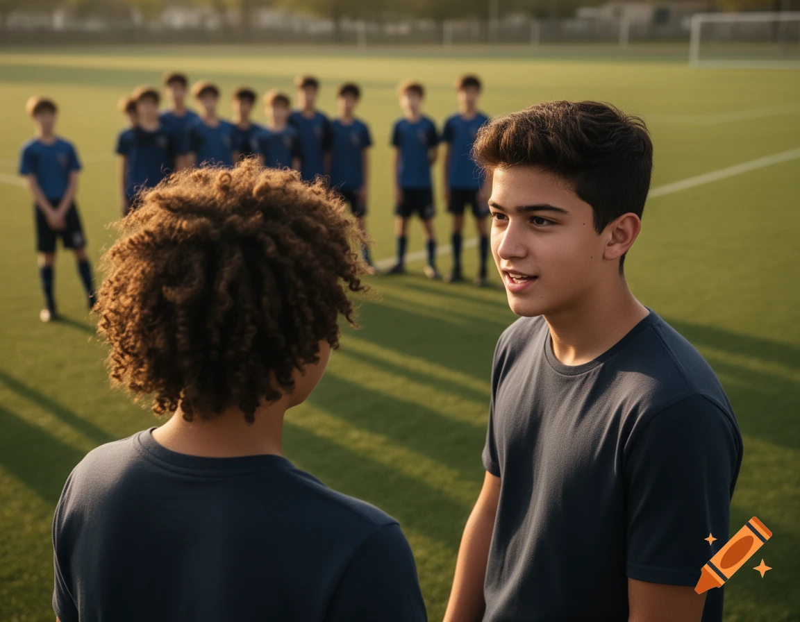 Two young men talking on a soccer field, with other players standing in the background.
