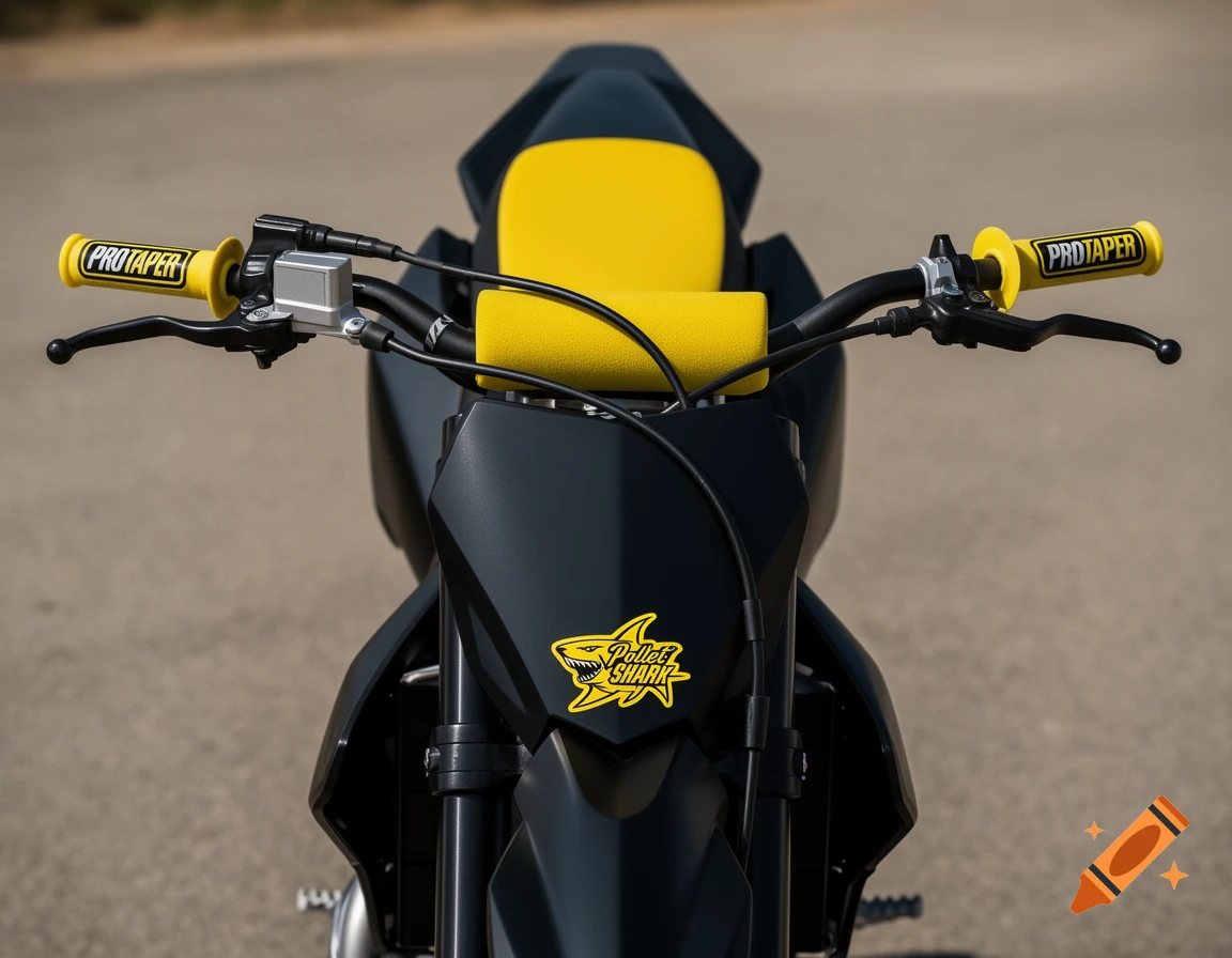 Close-up of a black motorcycle with a yellow seat, yellow ProTaper grips, and a Pollet Shark sticker on the front, photorealistic style.