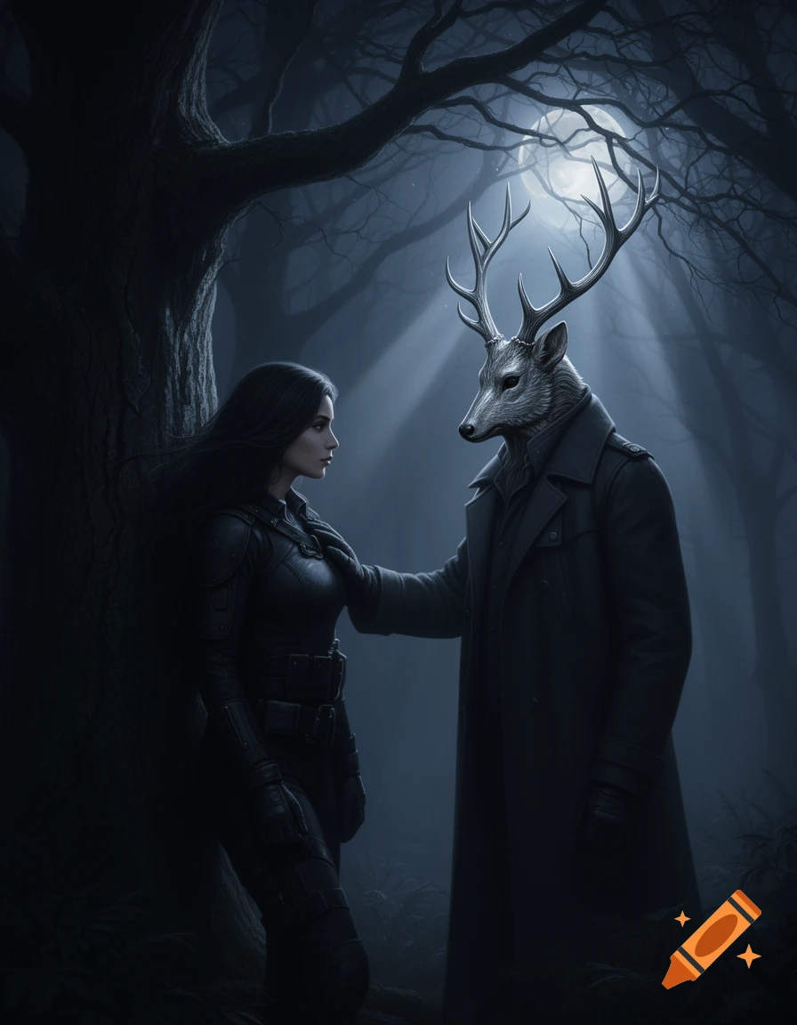 A woman and a stag-headed man stand in a dark, foggy forest under moonlight. Gothic fantasy scene.