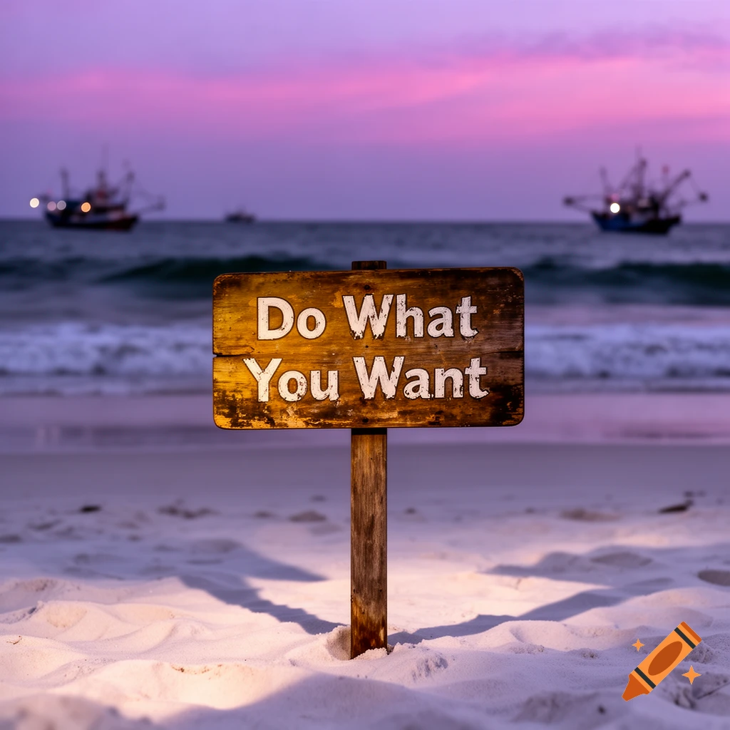 A wooden sign on a sandy beach at sunset reads "Do What You Want", with boats on the ocean in the background.