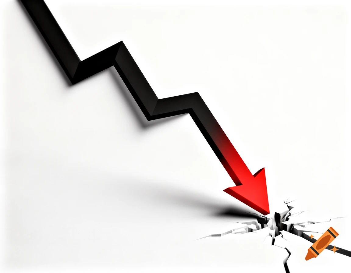 A black line graph with a red arrow sharply descends, breaking through a cracked white surface, symbolizing a crash or decline.