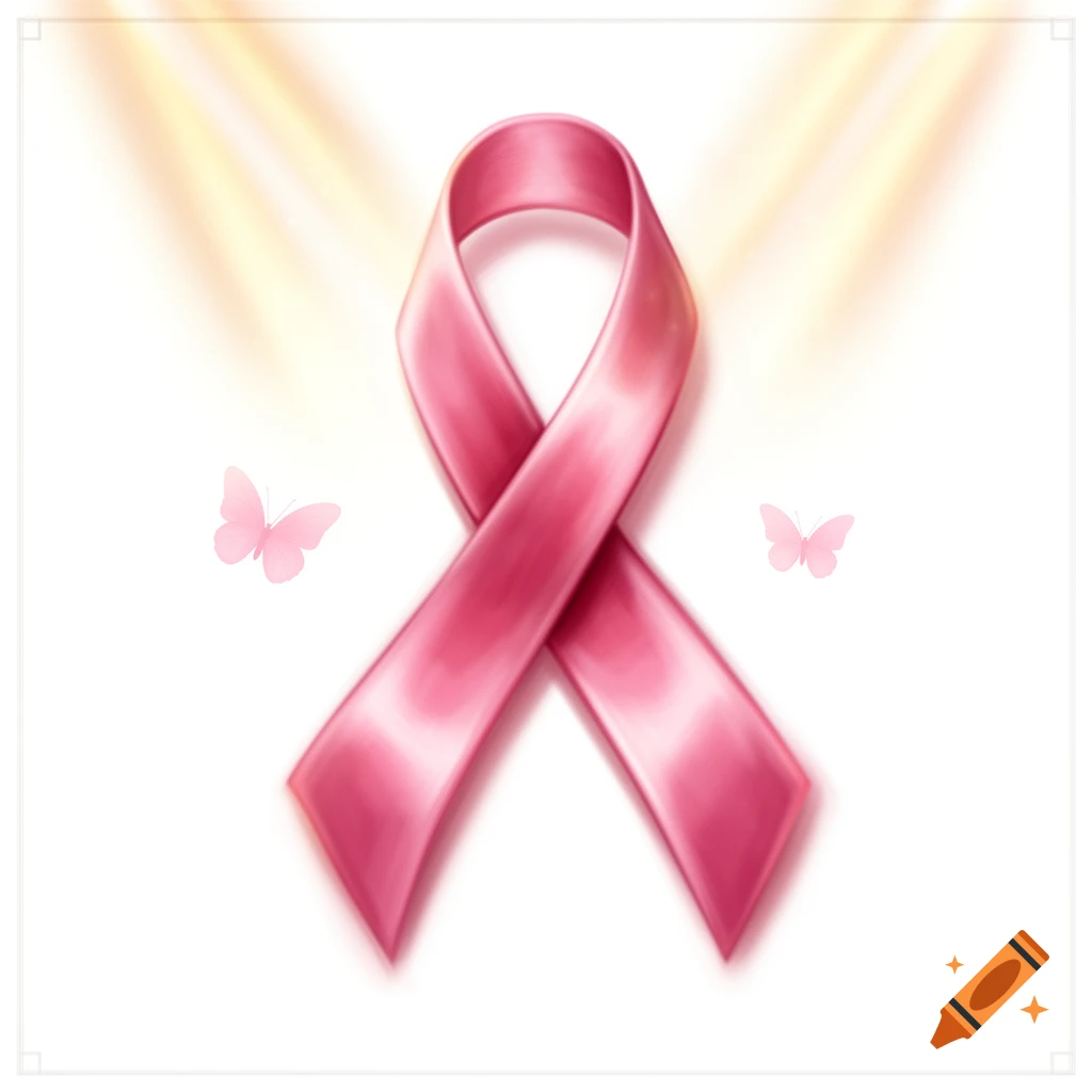 A glossy pink breast cancer awareness ribbon with two delicate pink butterflies and golden light on a white background.