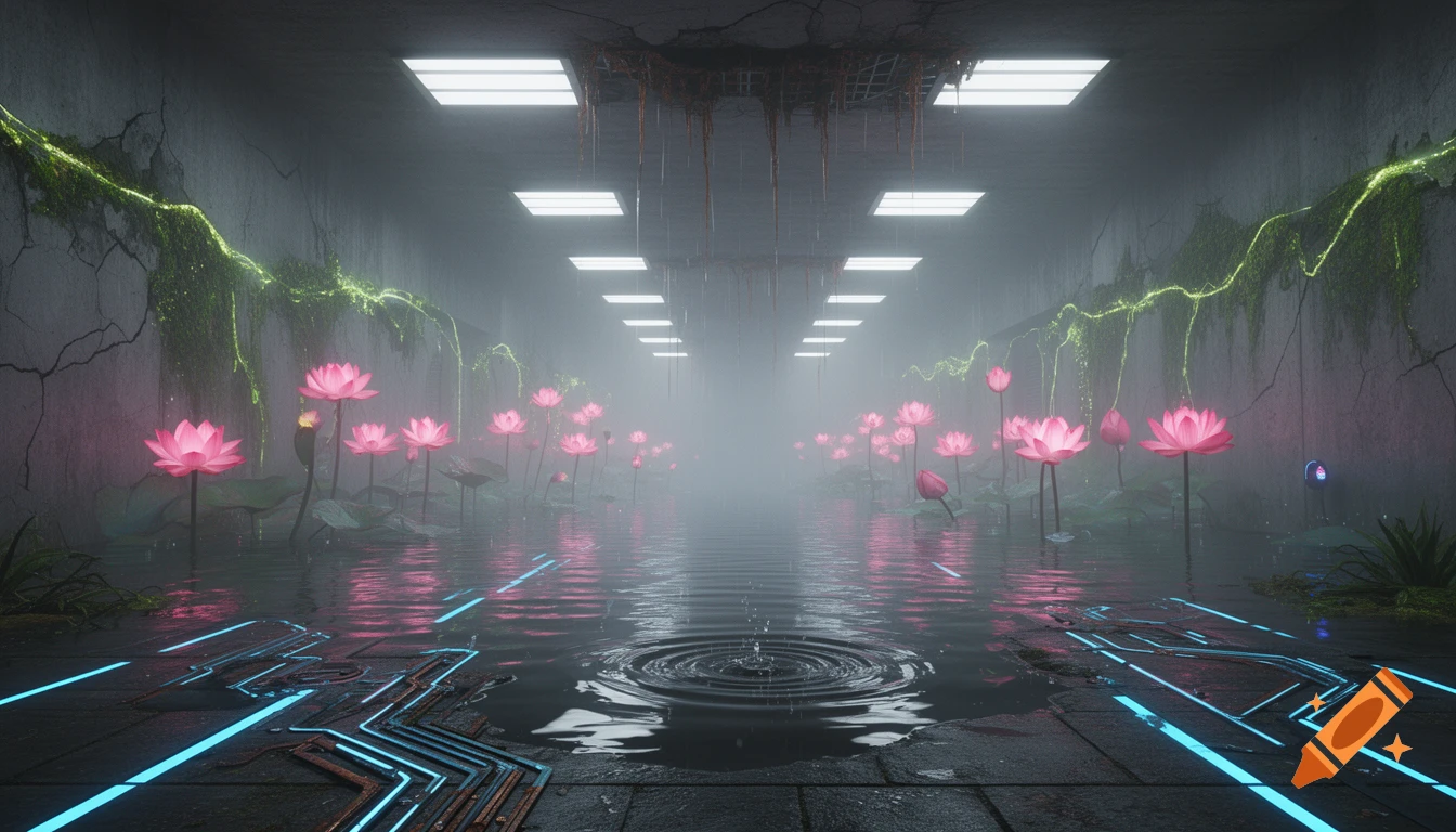 Flooded abandoned transit terminal with glowing pink lotus flowers, bioluminescent moss, and neon blue circuits in water, misty.