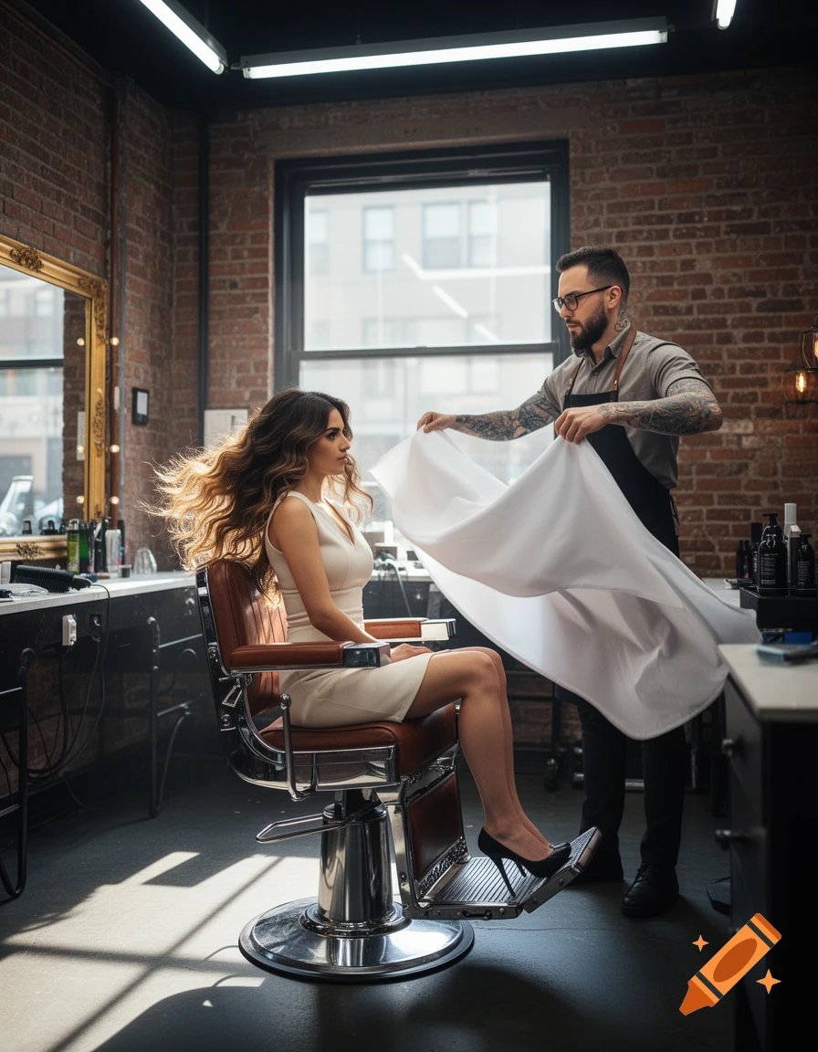 A woman with long wavy hair sits in a barber chair, while a male barber holds a white cape over her in a brick-walled salon.