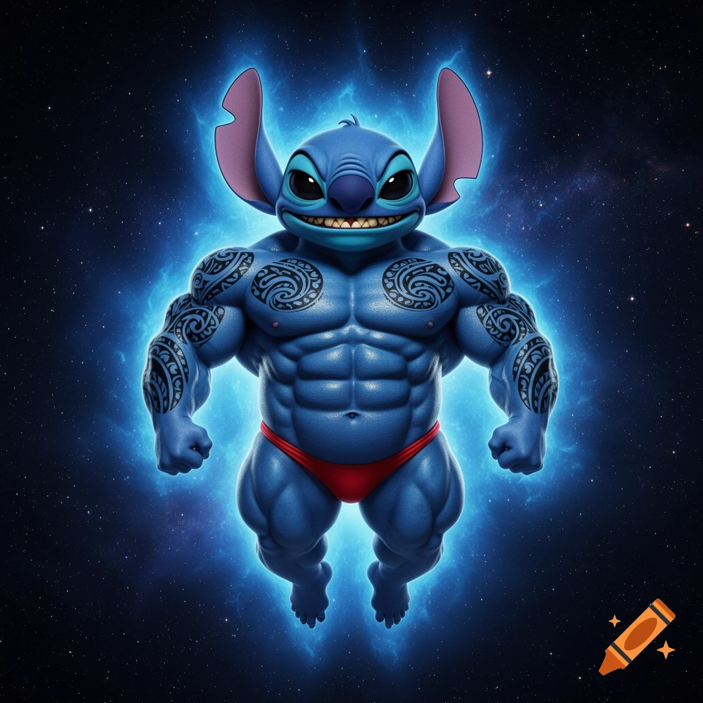 Hyper-realistic muscular Stitch with Polynesian tattoos, wearing a red thong and glowing with a blue aura, floating in space.