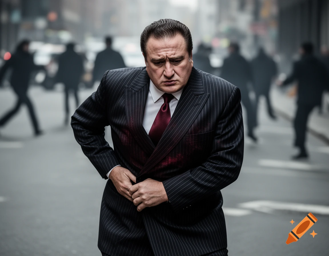 A man in a pinstripe suit with bloodstains on his chest clutches his stomach, looking distressed on a blurred city street.