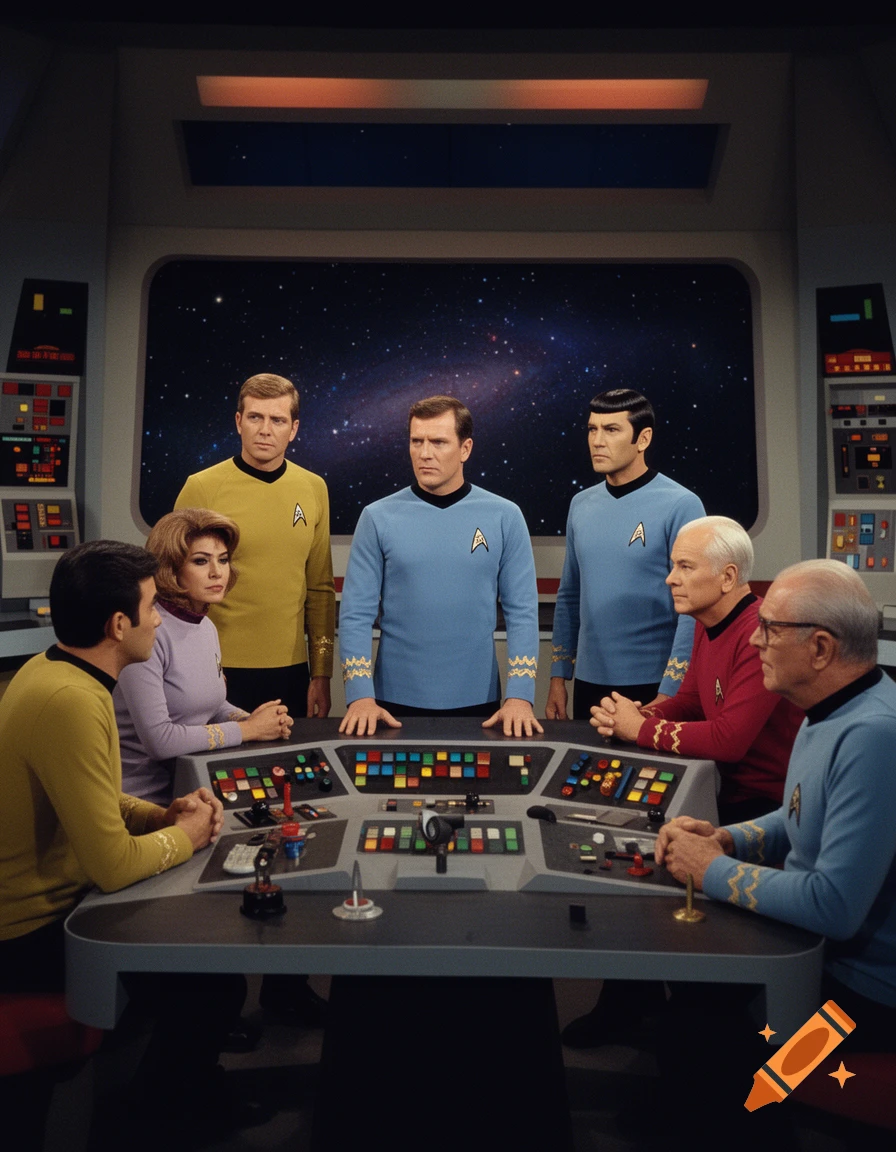 Original Star Trek cast members, including Kirk, Spock, and Uhura, in their uniforms on the bridge, gathered around a control panel.