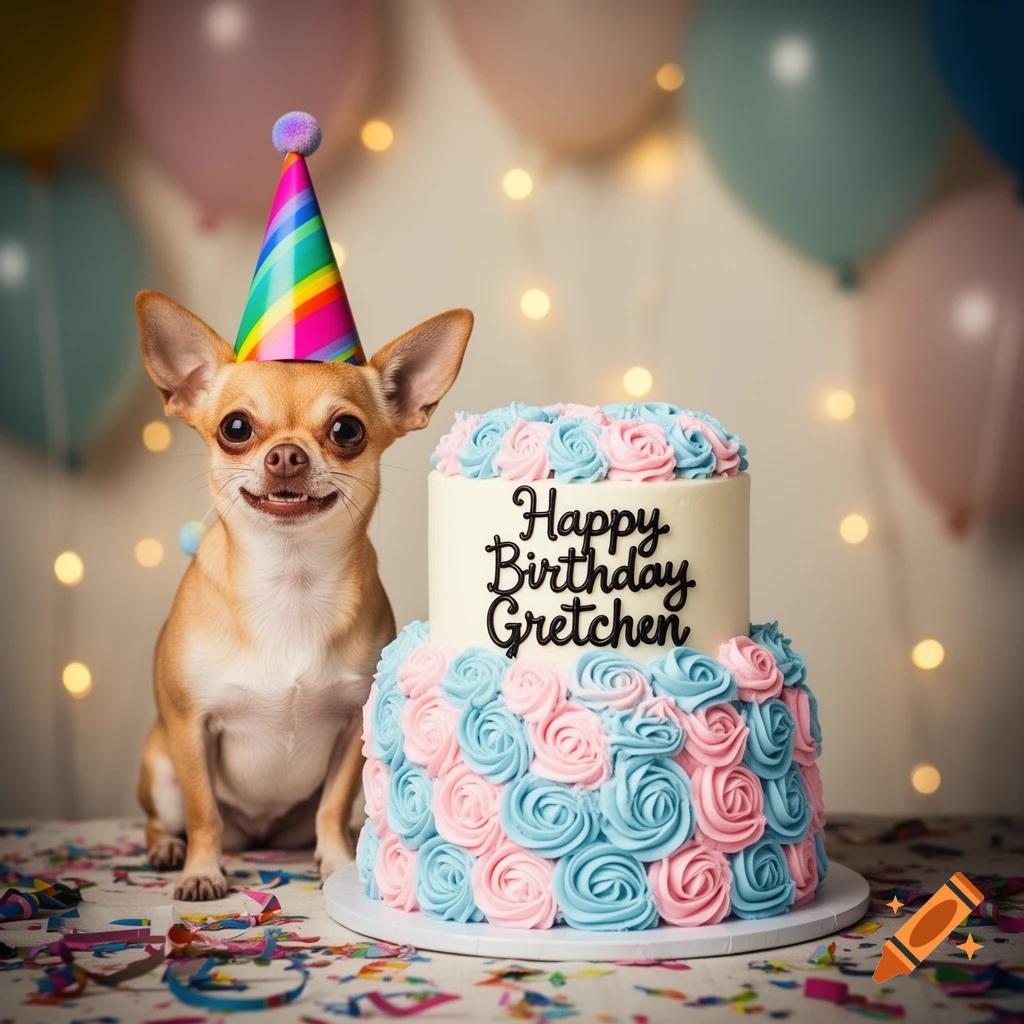 A chihuahua wearing a rainbow party hat sits next to a pink and blue birthday cake that says "Happy Birthday Gretchen" with balloons in the background.