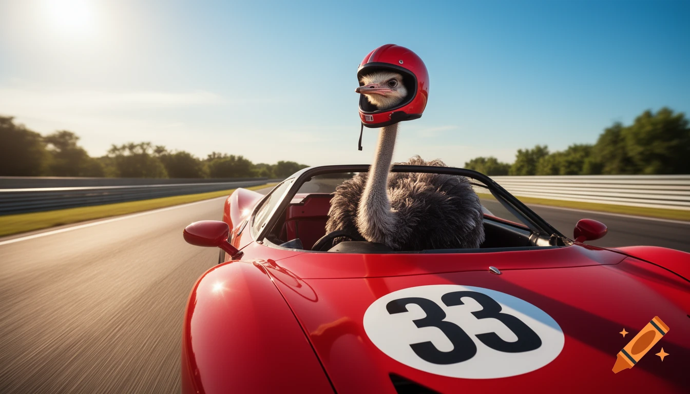 A photorealistic ostrich wearing a red open-face helmet drives a red race car with the number 33 on the hood, speeding on a track.
