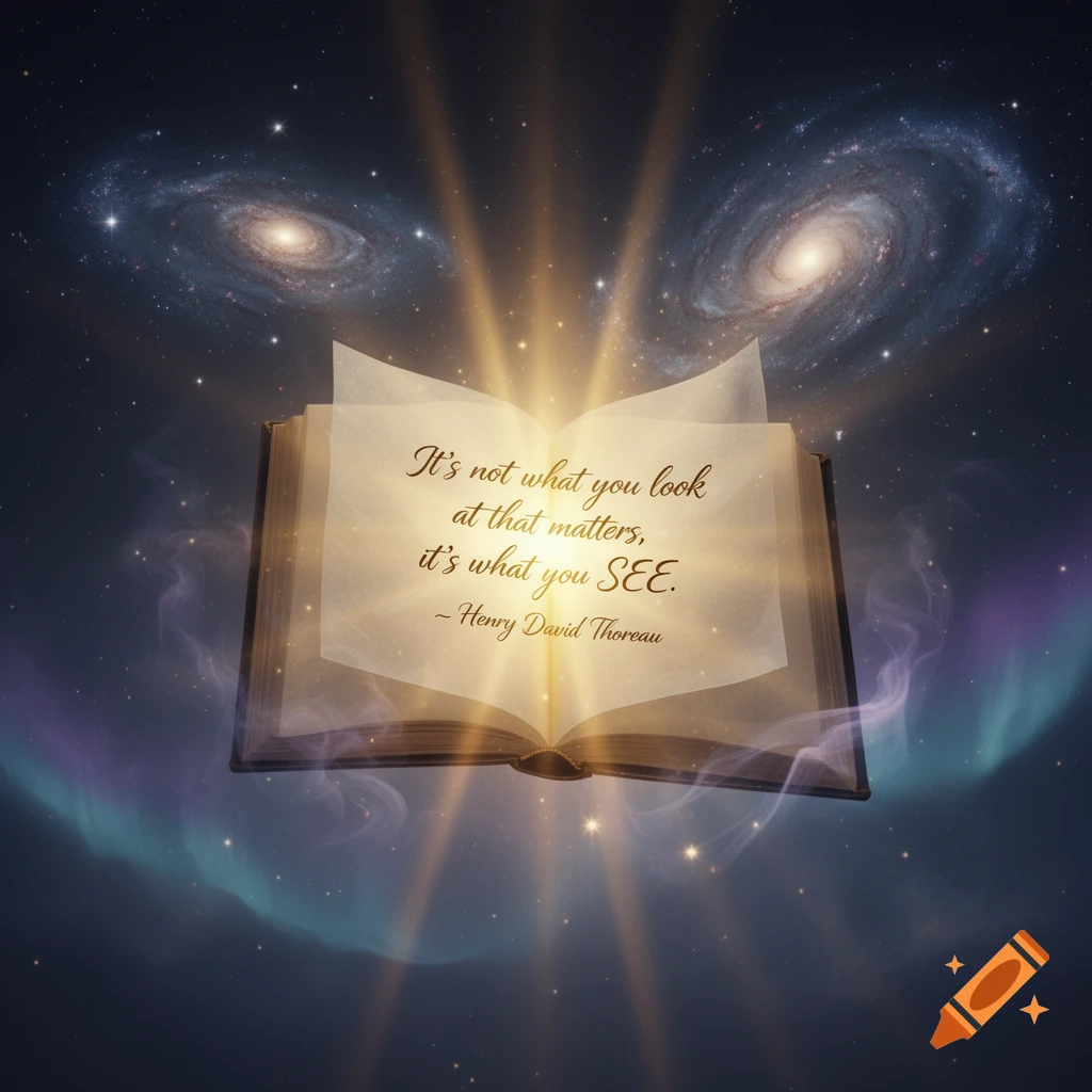 An open book glowing in a cosmic scene with galaxies and nebulae, displaying a quote by Henry David Thoreau.