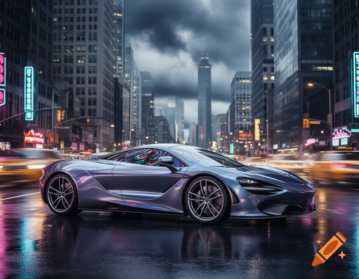 A sleek, silver-blue supercar with neon reflections sits on a wet city street at night, flanked by blurred skyscrapers and lights.