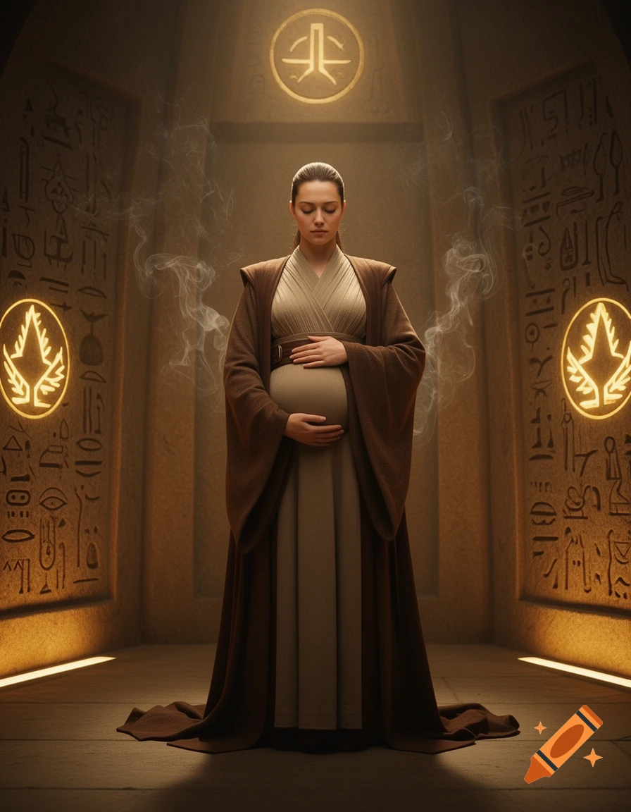 Digital art of a pregnant female Jedi in brown robes, with hands on her belly, meditating in an ancient chamber with glowing symbols.