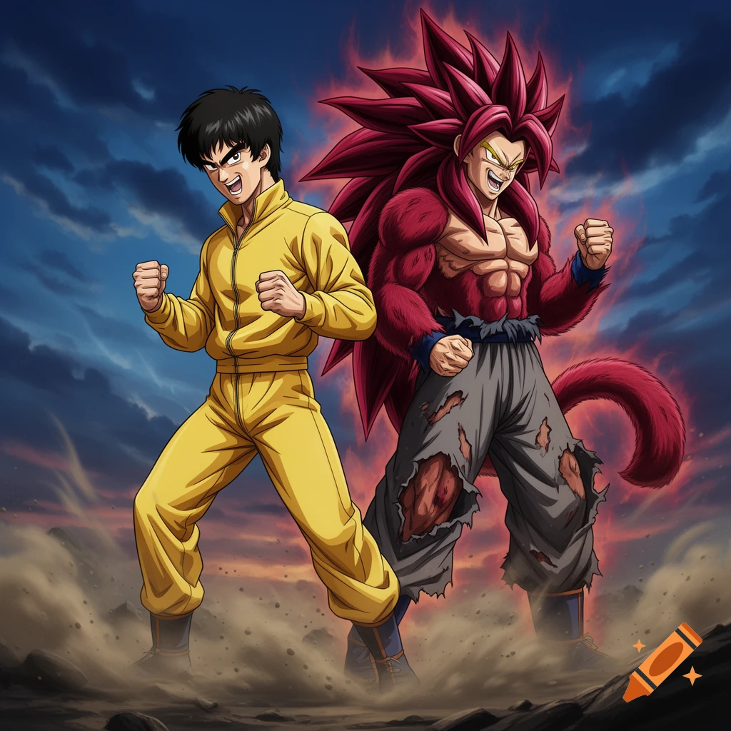 Anime characters Bruce Lee in a yellow tracksuit and Goku Super Saiyan 4 stand back to back in fighting stances.