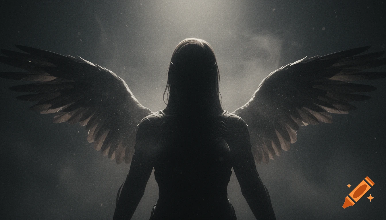 A silhouetted figure with large wings, head obscured, stands in a grainy, foggy mist with dramatic backlighting.