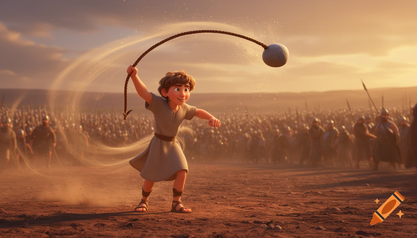 A Pixar-style animated boy, David, spins a sling with a stone on a golden battlefield with an army in the background.