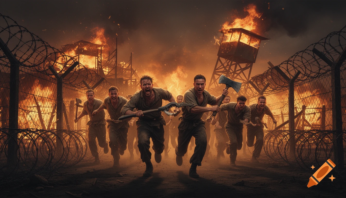 Group of yelling men running through burning prison camp, breaking barbed wire with an axe and a cutter in a dramatic, photorealistic scene.