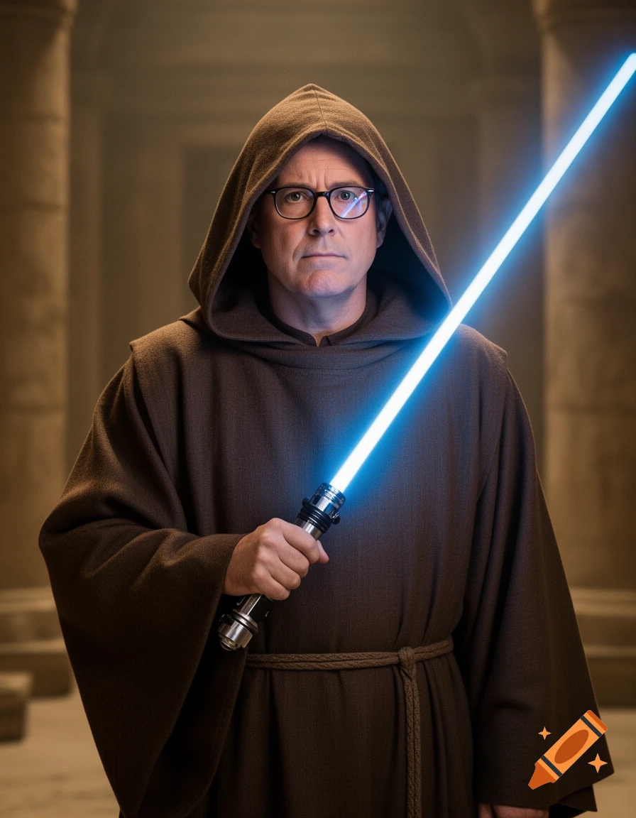 Photorealistic Stephen Colbert in brown hooded robes holding a blue lightsaber in a temple.