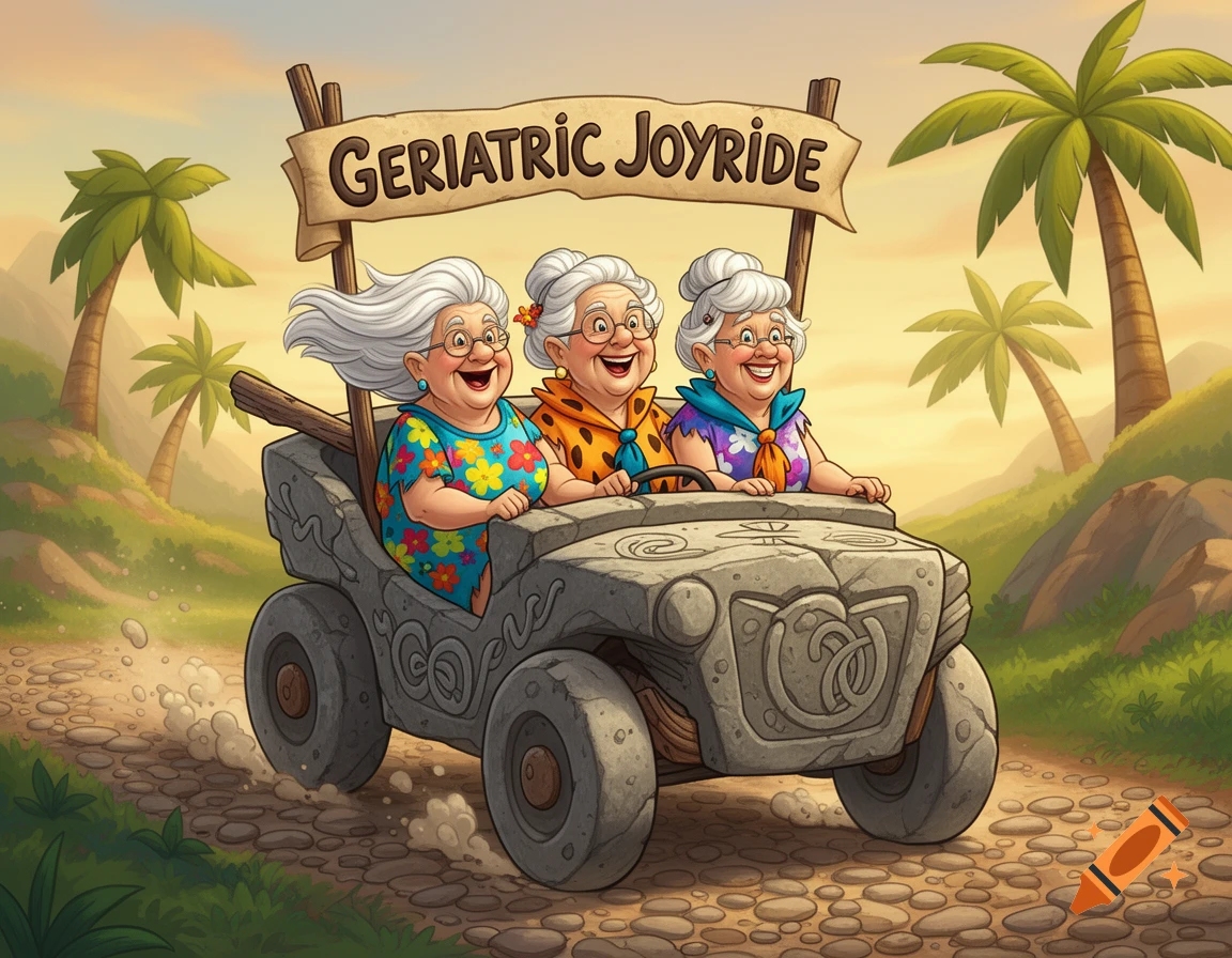 Three cheerful elderly women drive a stone Flintstones-style jeep on a dirt road, with a 'Geriatric Joyride' banner above, cartoon style.