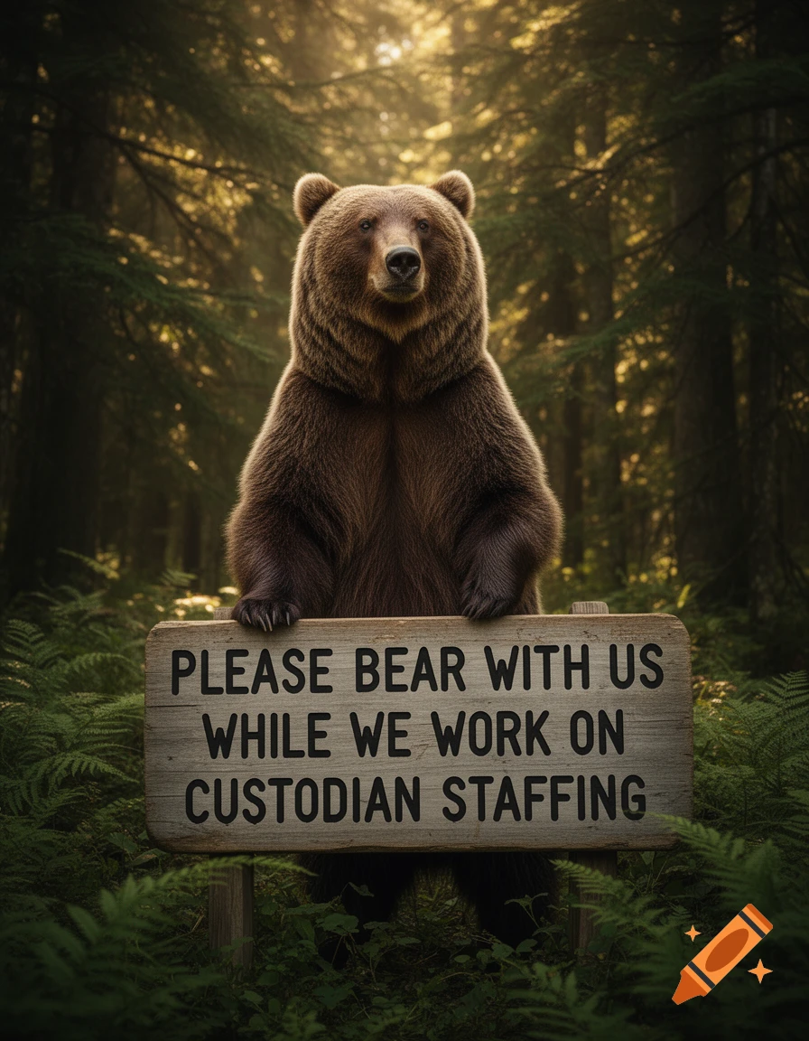 A photorealistic grizzly bear stands in a forest, holding a wooden sign with the text 'Please bear with us while we work on custodian staffing'.