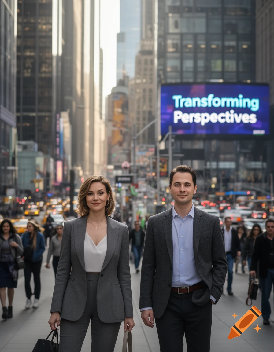 Two well-dressed business professionals stand on a bustling city street with skyscrapers and a large digital billboard in the background, photorealistic style.