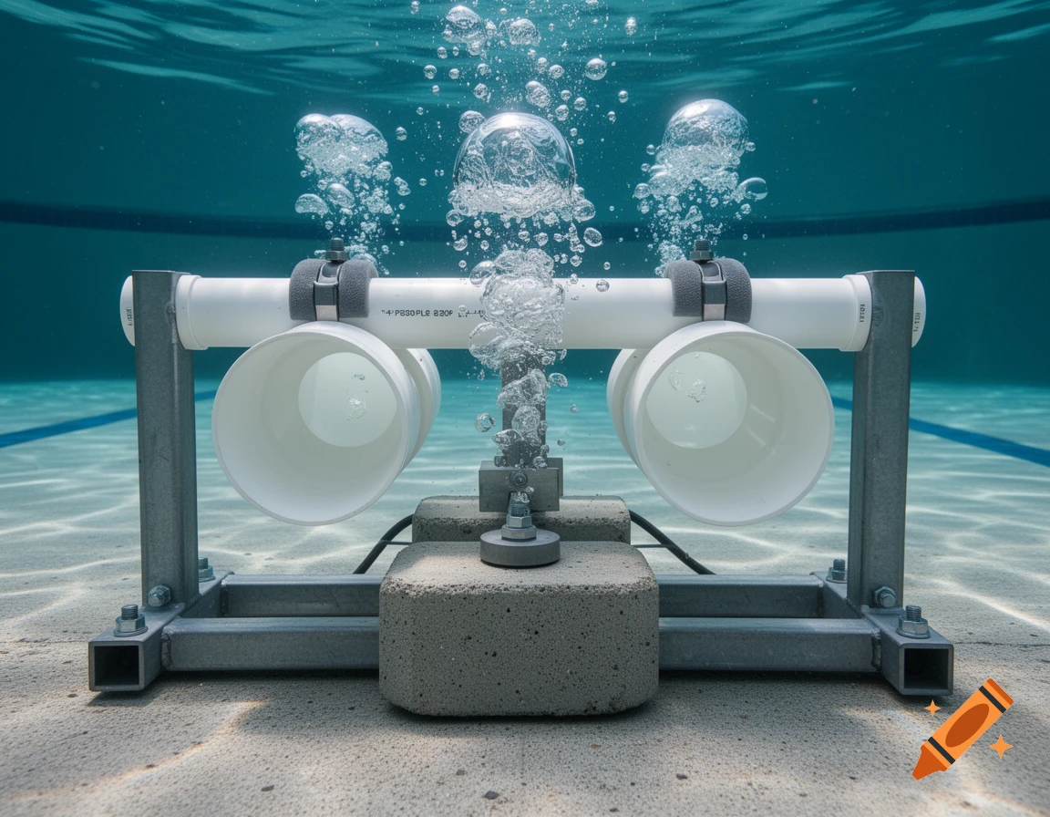 A photorealistic close-up of an underwater engineering rig with white PVC pipes, a steel frame, and a concrete base on a pool floor, producing large air bubbles.