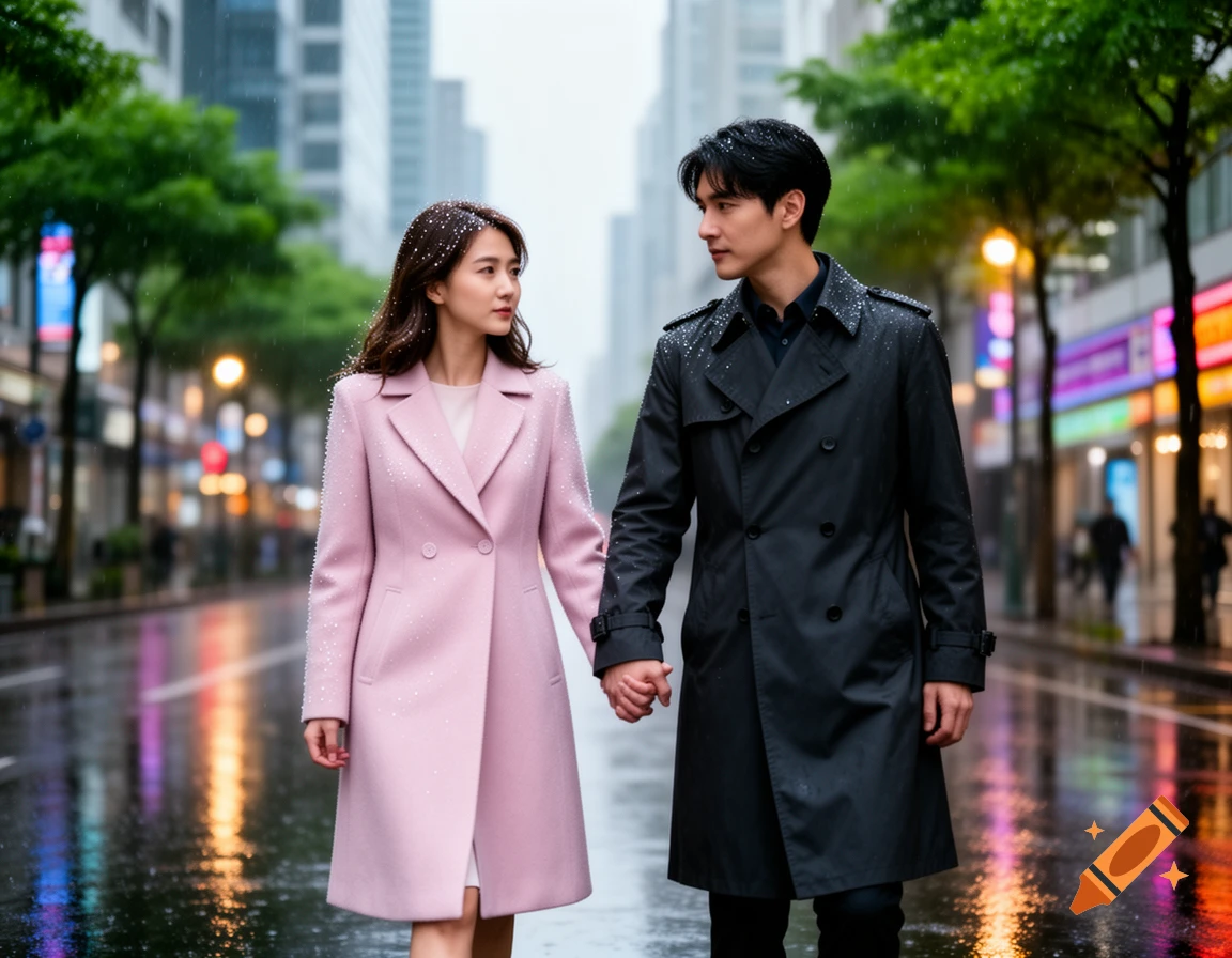 A man and woman in coats walk hand-in-hand down a wet, rainy city street at dusk, city lights reflecting on the pavement.