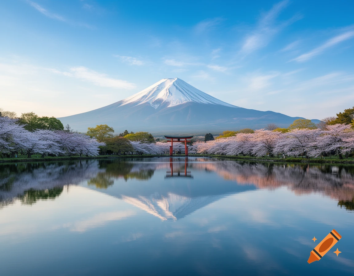 Snow-capped Mount Fuji reflected in a tranquil lake, surrounded by blooming cherry trees and a red torii gate under a clear blue sky.