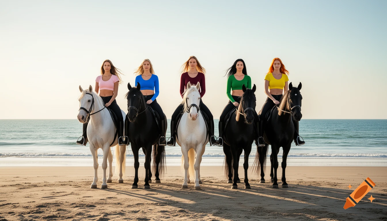 Five women in crop tops and riding pants sit on horses, two white and three black, on a sandy beach at sunset.