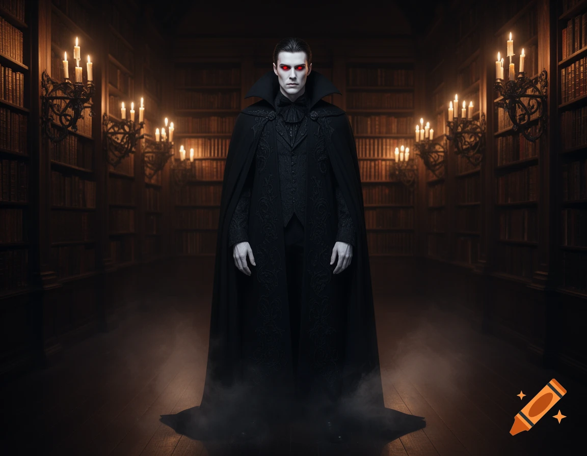A pale man with red eyes in a black cloak stands in a dark, candlelit library with mist on the floor, in a photorealistic style.