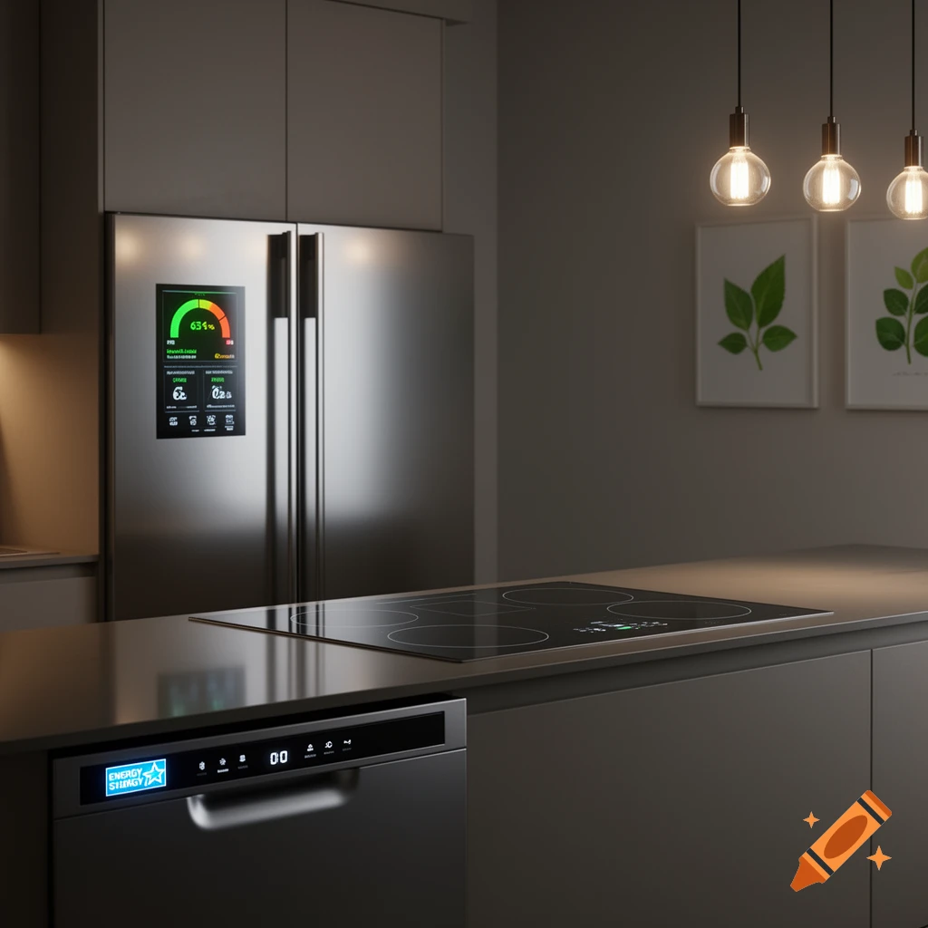 A modern kitchen with stainless steel appliances, including a smart refrigerator with an energy display and a dishwasher, under pendant lights.