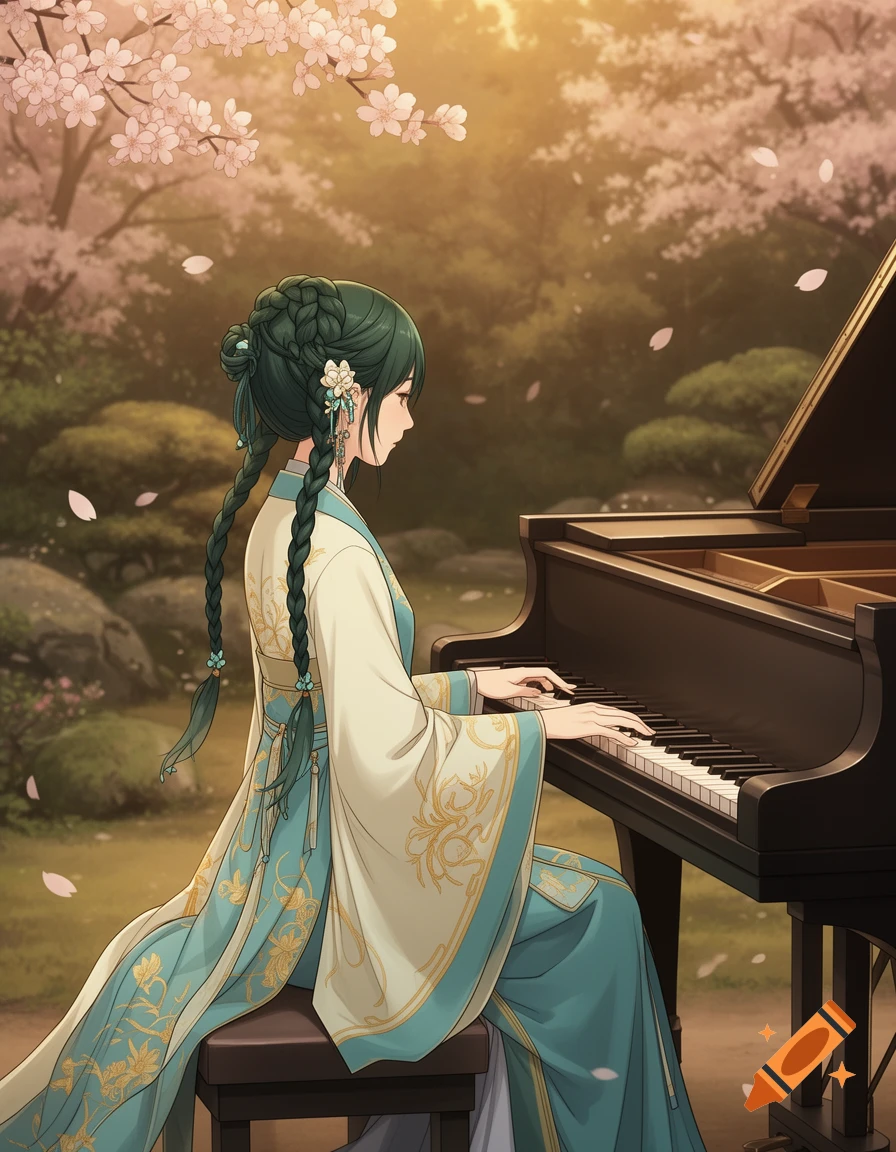 Anime girl with green braided hair playing a grand piano in a cherry blossom garden.