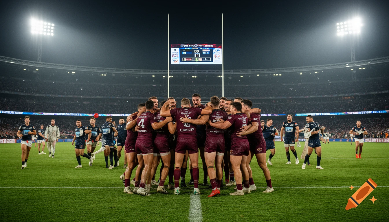 Rugby players in maroon jerseys huddle on a green field under stadium lights during a night game. Other players in blue jerseys are in the background.