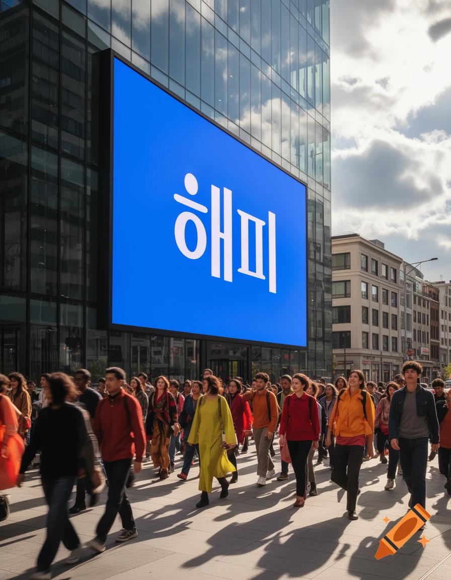 A crowded city street with people walking in front of a modern glass building featuring a large blue billboard displaying "해피" in white Korean characters.