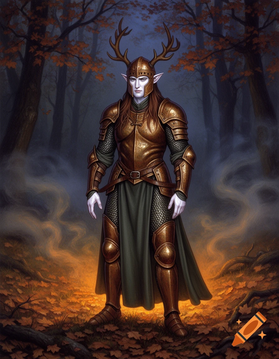 A richly detailed fantasy illustration of a pale-faced Wood Elf warrior in bronze antlered armor standing in a misty autumn forest.