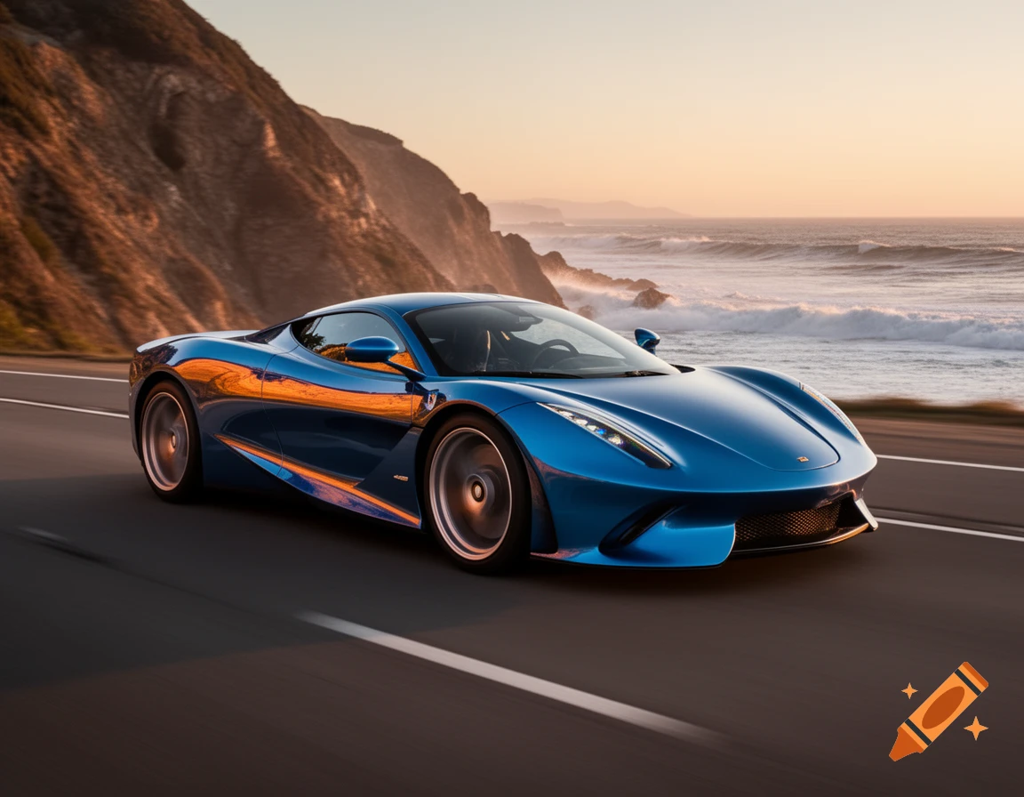 A sleek blue supercar drives on a highway along a scenic ocean coast with mountains at sunset.