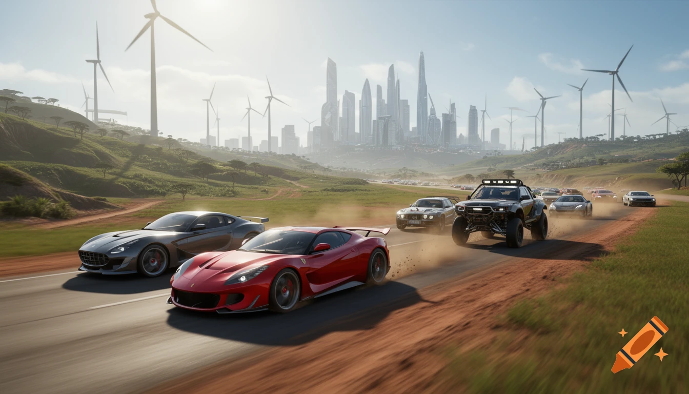 Photorealistic scene of multiple race cars, including a red sports car and a black off-road truck, speeding on a dirt track next to a highway, with a futuristic city and wind turbines in the background.