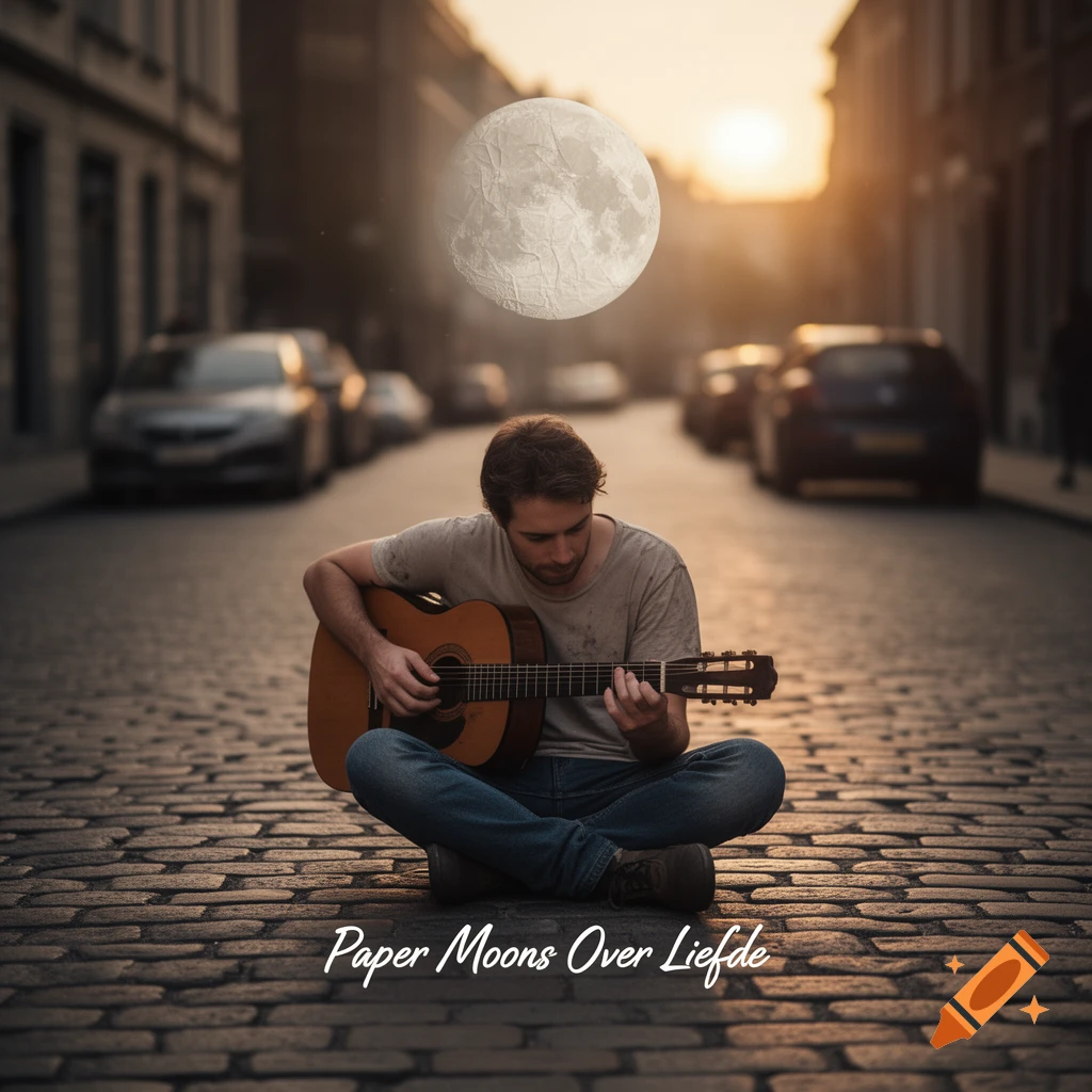 A man plays an acoustic guitar on a cobblestone street at sunset, with a large moon in the sky. Text reads Paper Moons Over Liefde.