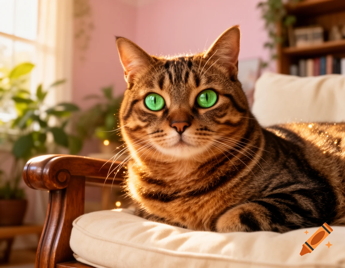 A photorealistic tabby cat with sparkling fur and bright green eyes lies on a chair cushion in soft light.