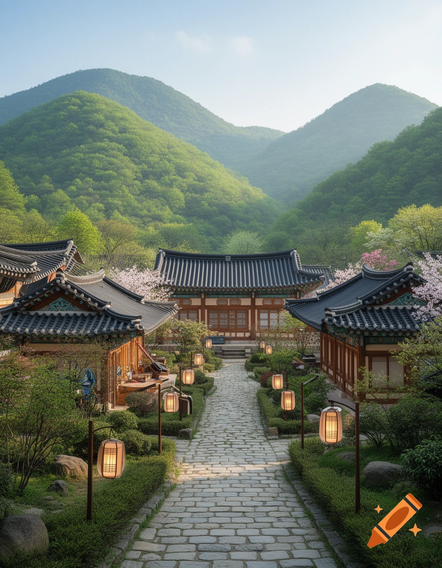 A photorealistic image of a traditional Korean temple complex with a stone path, lanterns, lush trees, and mountains.